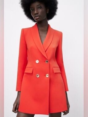 BNWT Zara Orange Red Tailored Double-Breasted Long Blazer (Dress) w Gold Buttons